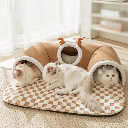 Nid Tunnel 3-en-1 L— Tapis, Tunnel & Jeux pour Chat d'Appartement